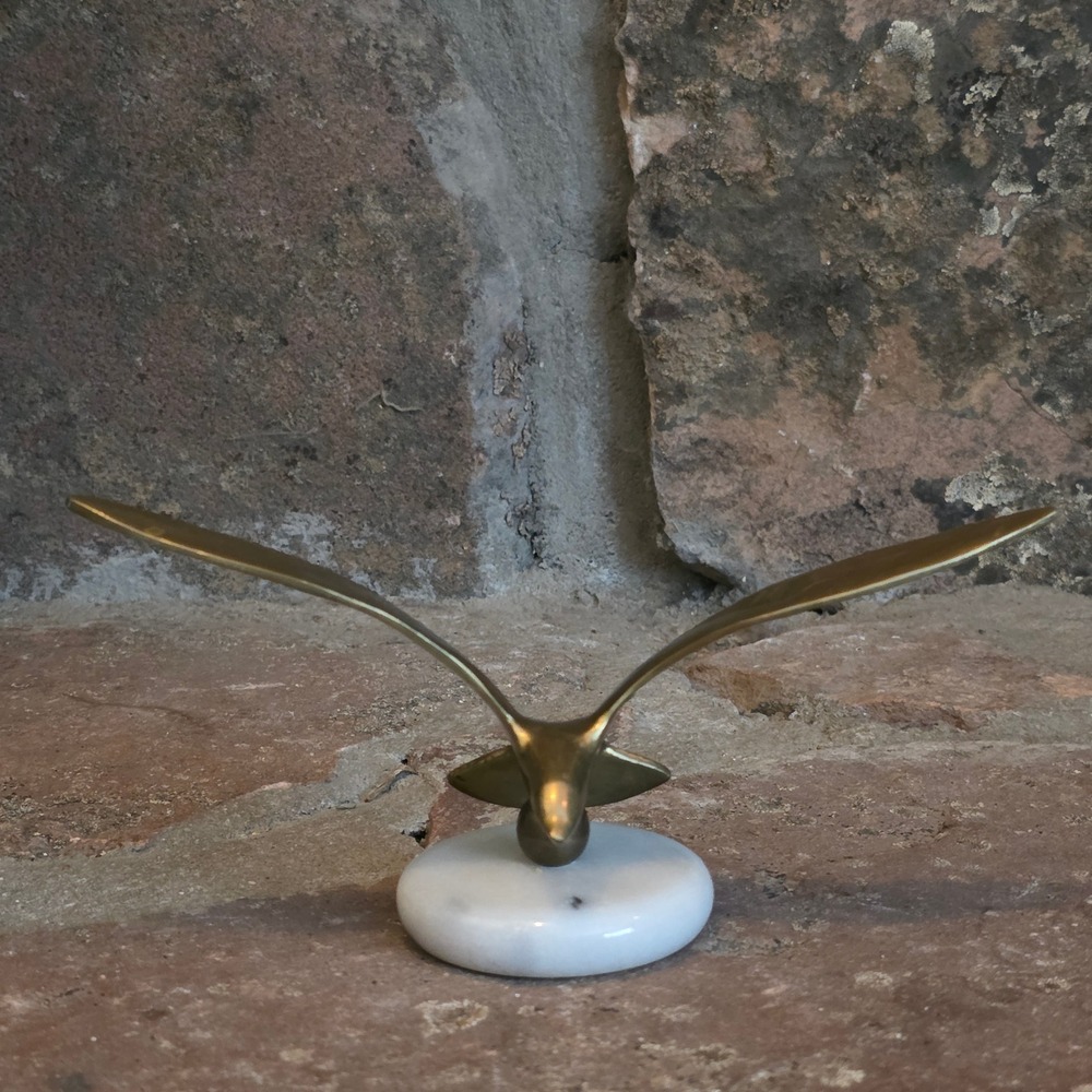 Vintage Solid Brass Seagull Bird Figurine on White Marble Base MCM Taiwan 8"